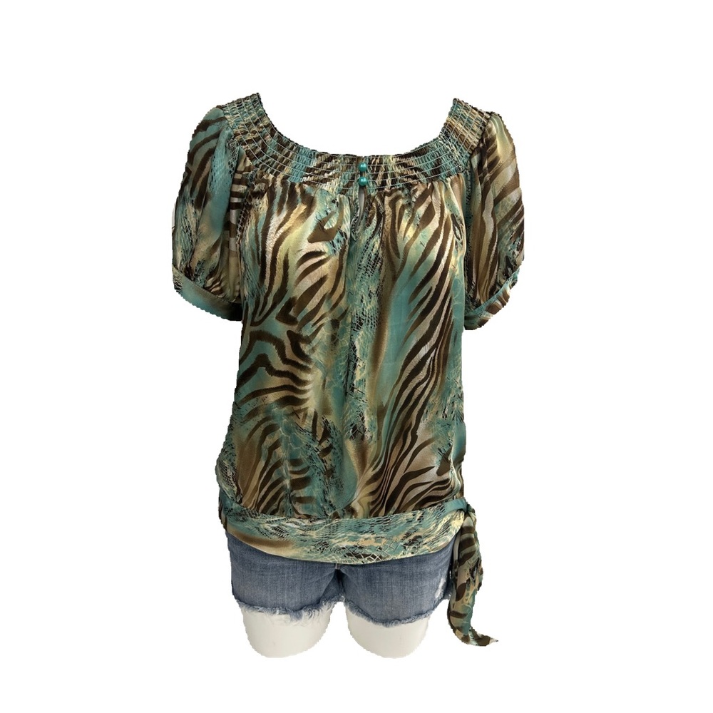 TRIBAL ANIMAL PRINT SILKY TOP WITH WAIST LINE SIDE TIE RUSHUED. ELASTIC NECK